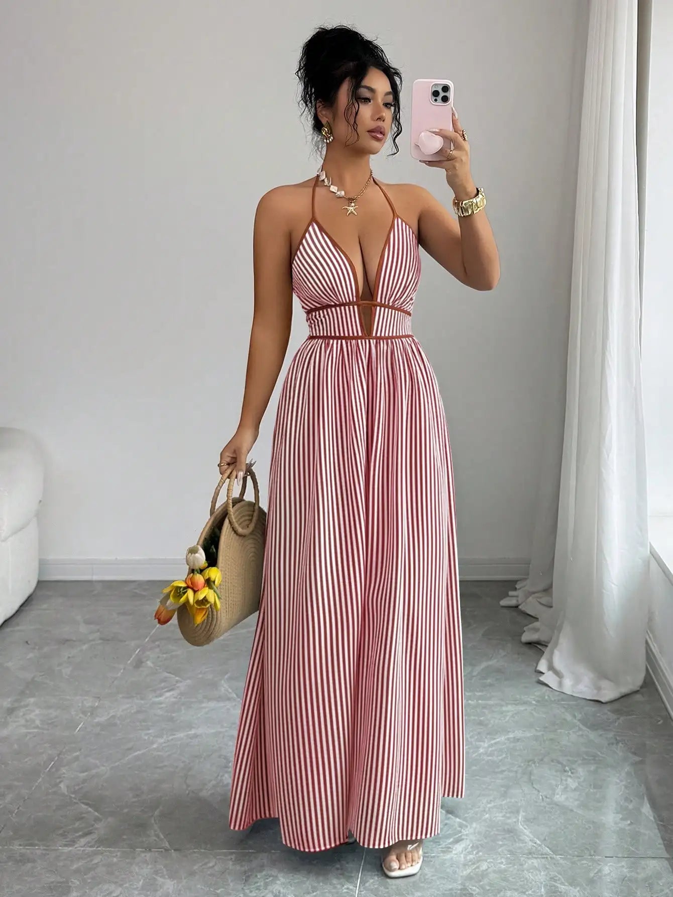 Women's Striped Plunging Halter Maxi Dress Beach Vacation Style