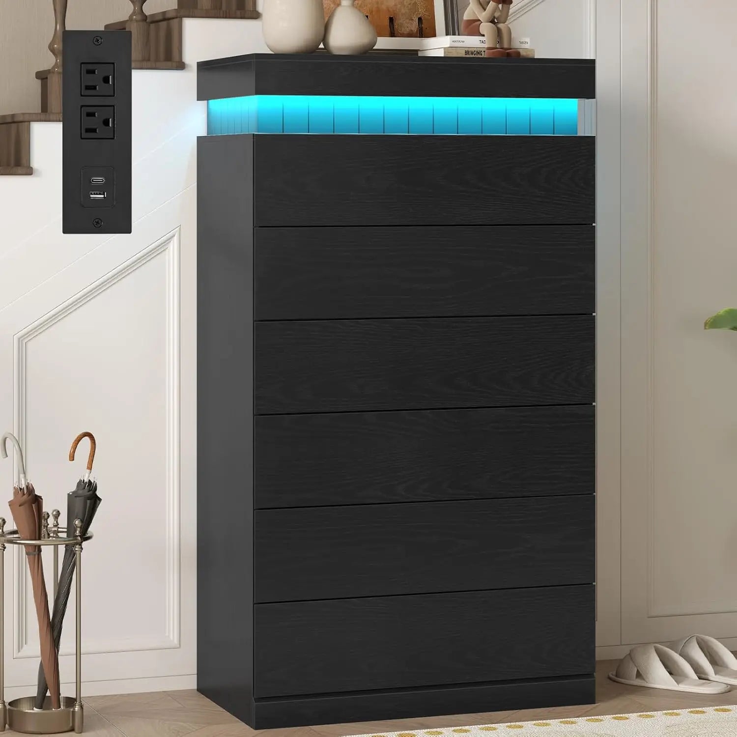 Tall 5 Drawer Dresser, Sliding Top LED Power Outlet, Wood Chest Bedroom Living Hallway, Customized