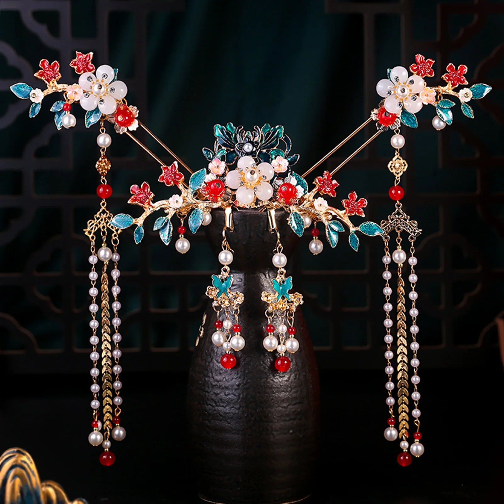Chinese Long Hair Stick Tiara Headpiece Women Hair Accessories Flower Crystal Pearl Hair Pins Handmade Hanfu Hair Jewelry Set
