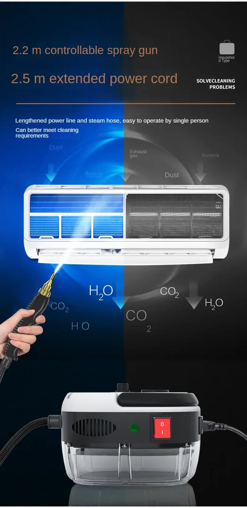 High Pressure Steam Cleaner for Home Kitchen 2500W Handheld Cleaning Machine Steam Cleaner for Car Auto