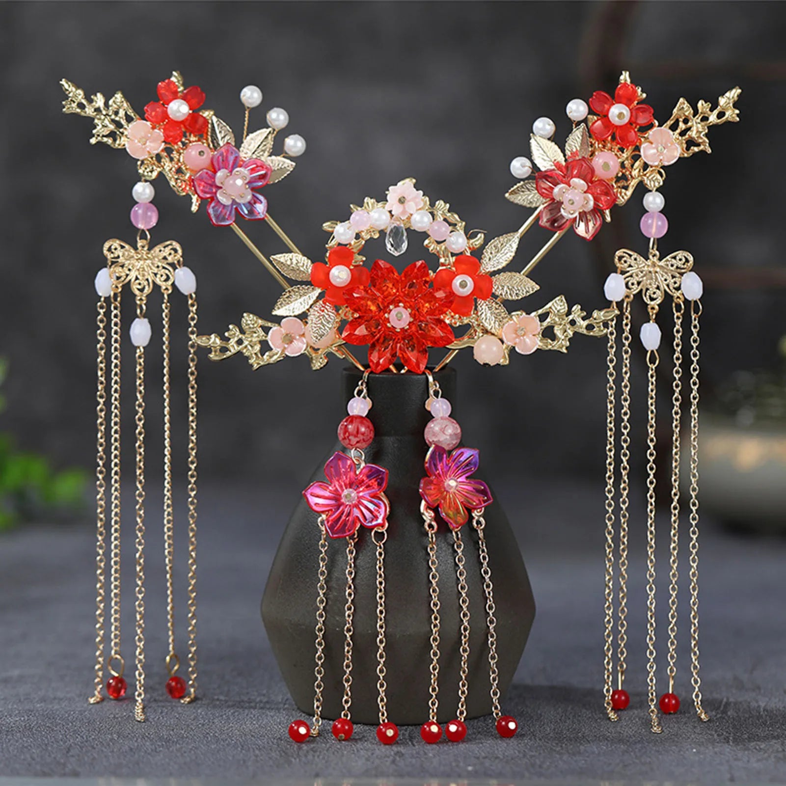 Chinese Long Hair Stick Tiara Headpiece Women Hair Accessories Flower Crystal Pearl Hair Pins Handmade Hanfu Hair Jewelry Set
