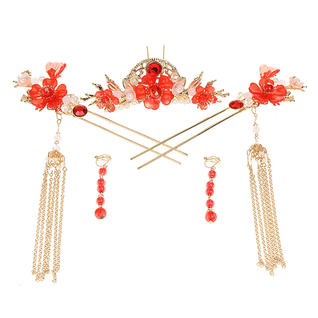 Chinese Long Hair Stick Tiara Headpiece Women Hair Accessories Flower Crystal Pearl Hair Pins Handmade Hanfu Hair Jewelry Set