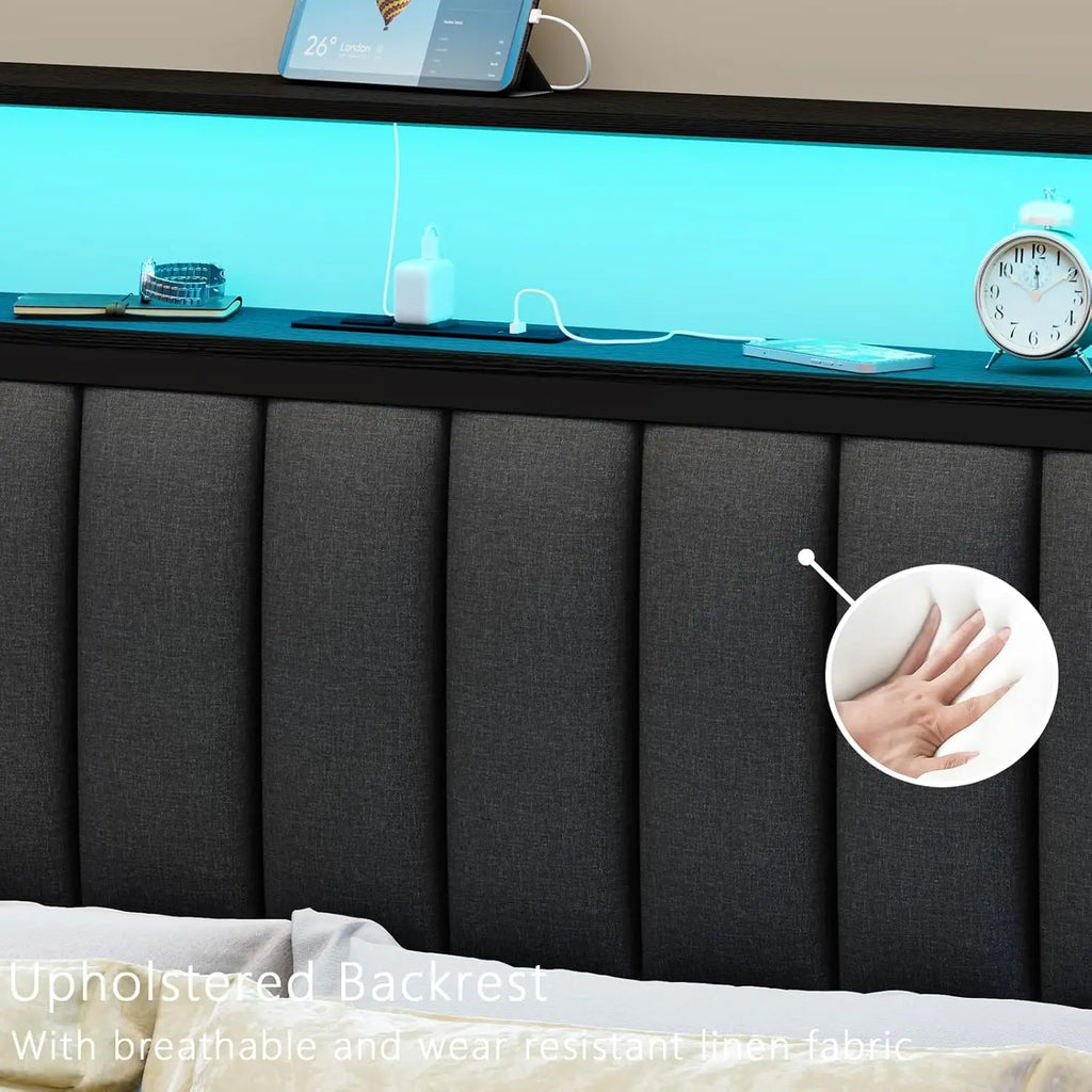 Bed Frame with Charging Station and LED Lights, Platform Bed with Metal Slats, Grey Upholstered, Customized