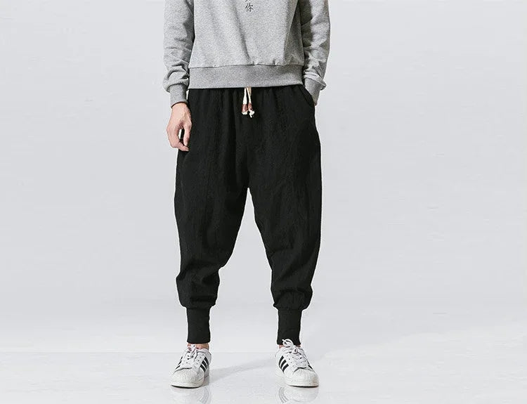 Cotton Linen Harem Pants Men Streetwear Joggers New Baggy Drop-crotch Pants Casual Trousers Men Sweatpants