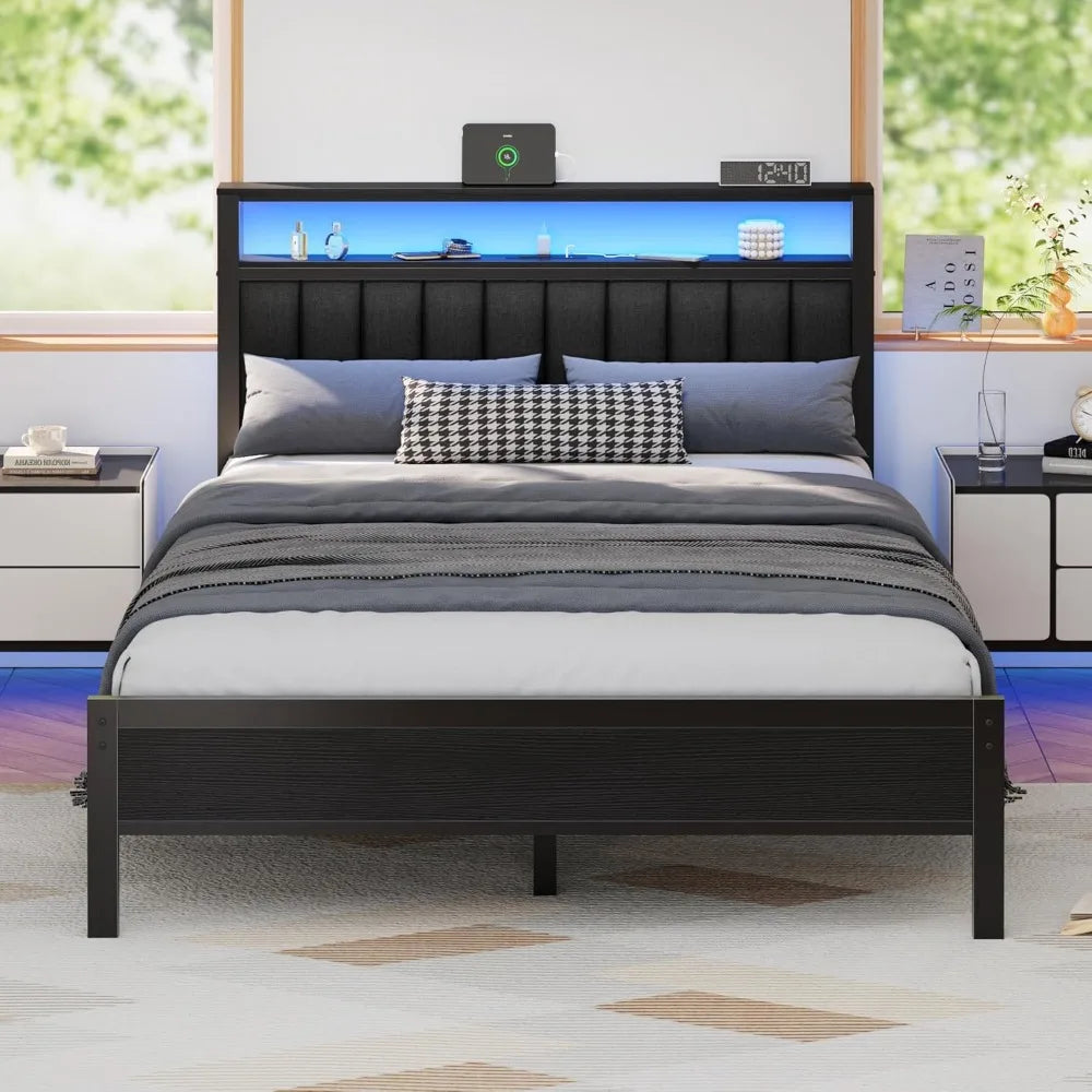 Bed Frame with Charging Station and LED Lights, Platform Bed with Metal Slats, Grey Upholstered, Customized