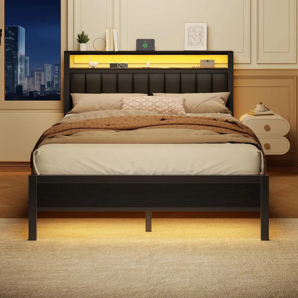 Bed Frame with Charging Station and LED Lights, Platform Bed with Metal Slats, Grey Upholstered, Customized