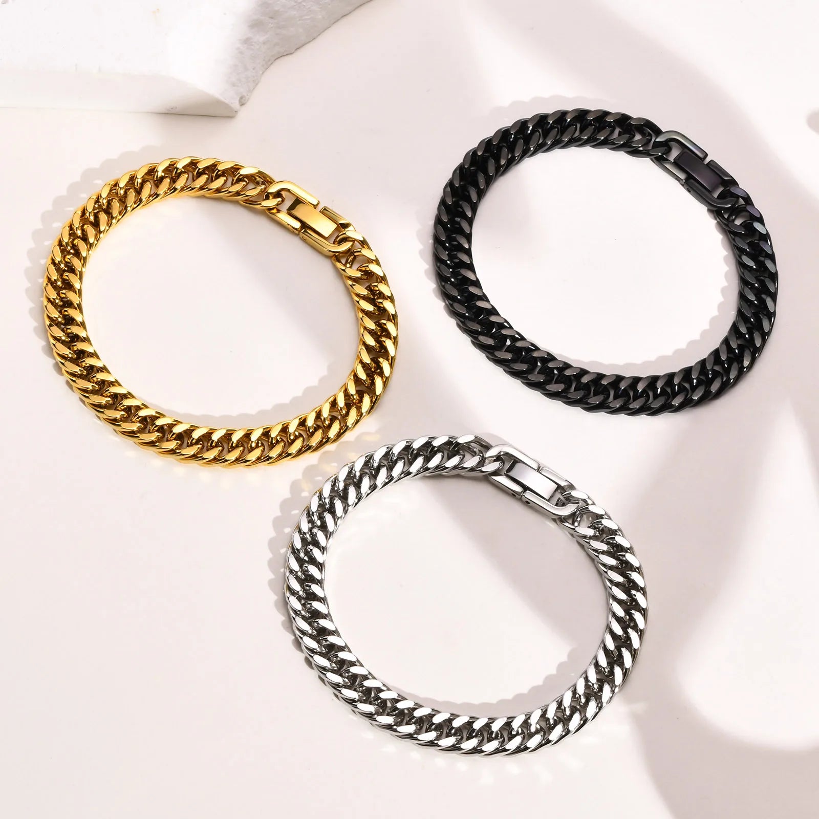 Stylish Double Curb Chain Bracelets for  Boys,8/10/12/15mm Stainless Steel Miami Link Wristband,Punk Jewelry Gifts
