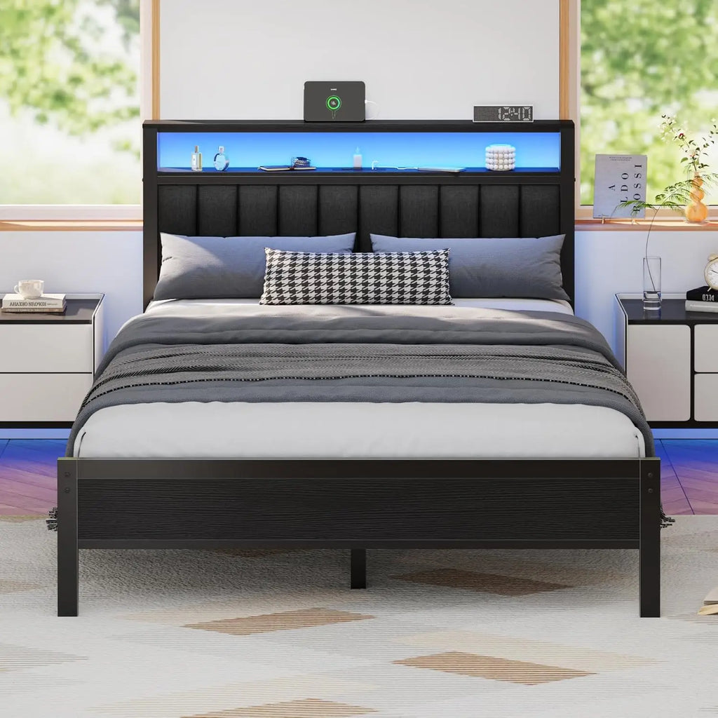 Bed Frame with Charging Station and LED Lights, Platform Bed with Metal Slats, Grey Upholstered, Customized
