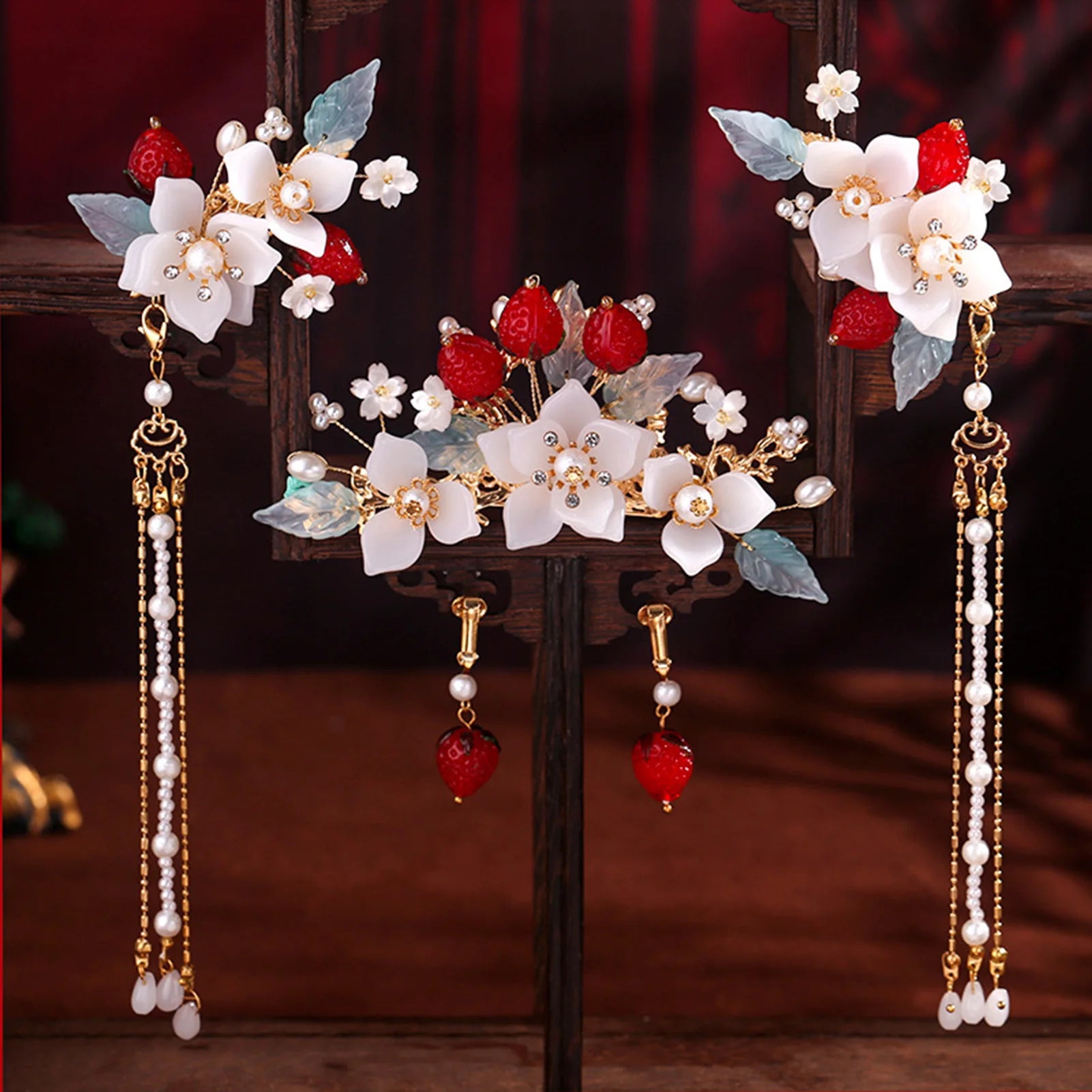 Chinese Long Hair Stick Tiara Headpiece Women Hair Accessories Flower Crystal Pearl Hair Pins Handmade Hanfu Hair Jewelry Set