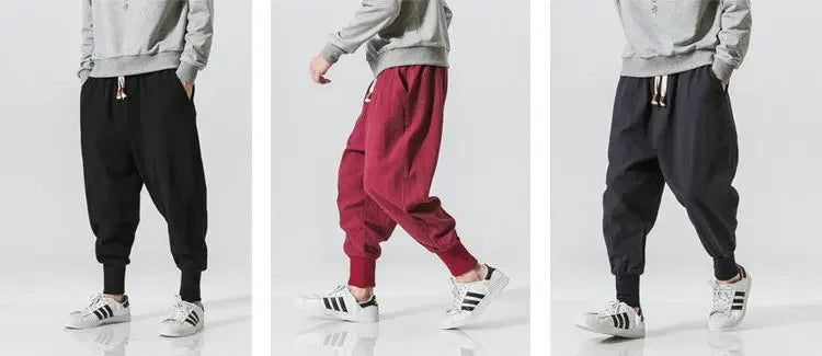 Cotton Linen Harem Pants Men Streetwear Joggers New Baggy Drop-crotch Pants Casual Trousers Men Sweatpants