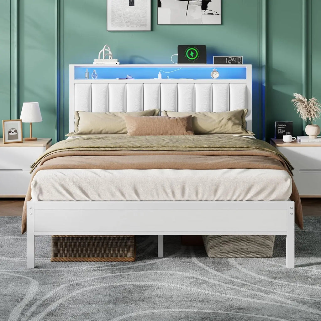 Bed Frame with Charging Station and LED Lights, Platform Bed with Metal Slats, Grey Upholstered, Customized