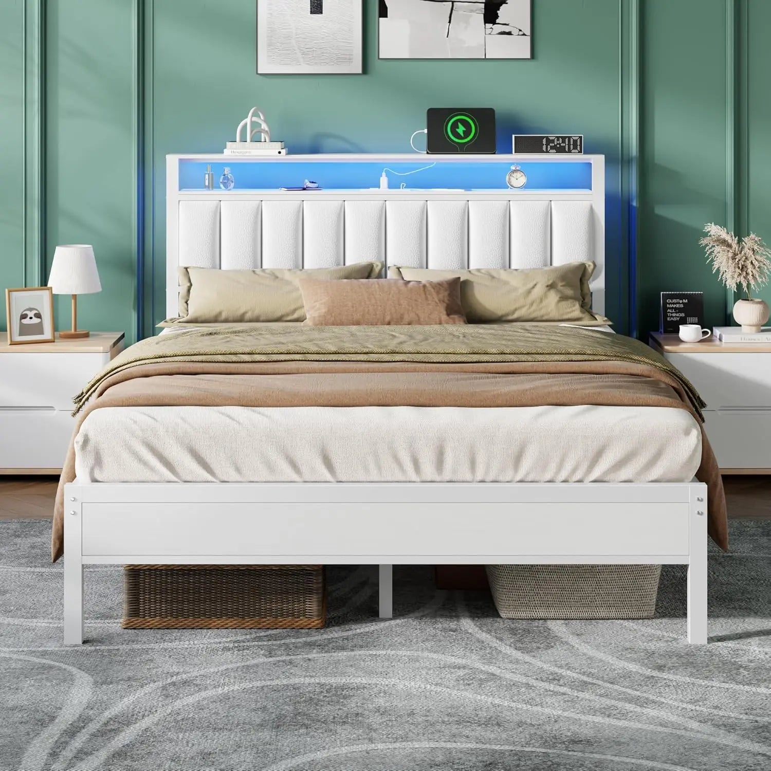 Bed Frame with Charging Station and LED Lights, Platform Bed with Metal Slats, Grey Upholstered, Customized