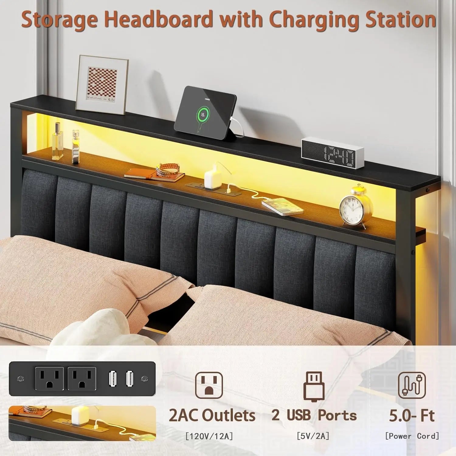 Bed Frame with Charging Station and LED Lights, Platform Bed with Metal Slats, Grey Upholstered, Customized