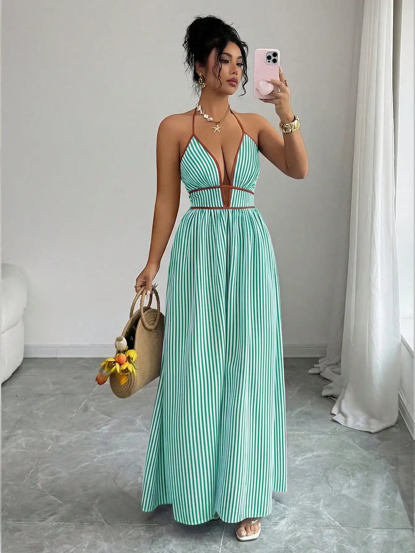 Women's Striped Plunging Halter Maxi Dress Beach Vacation Style