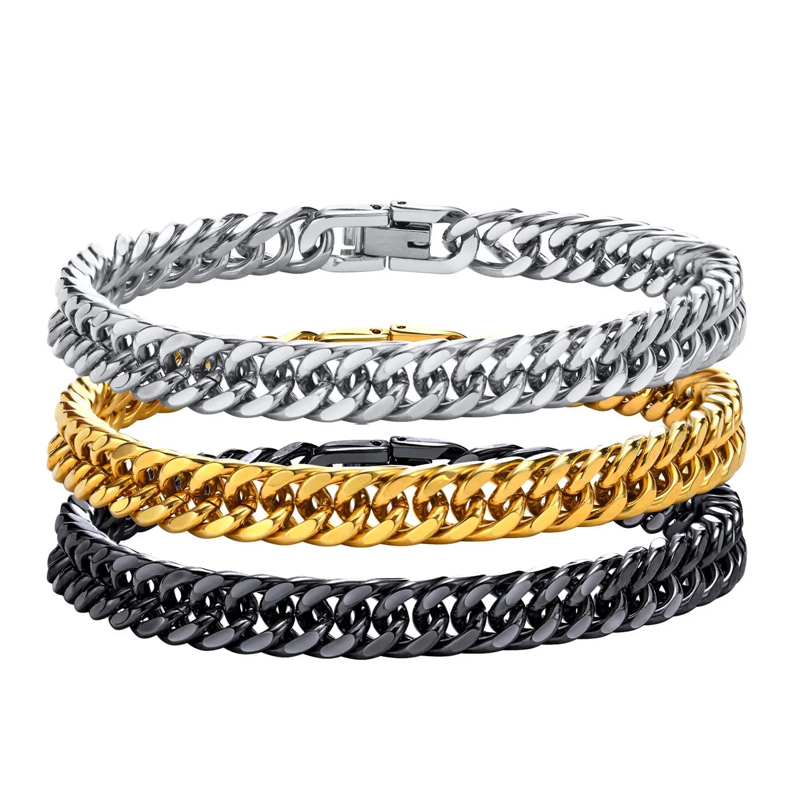 Stylish Double Curb Chain Bracelets for  Boys,8/10/12/15mm Stainless Steel Miami Link Wristband,Punk Jewelry Gifts