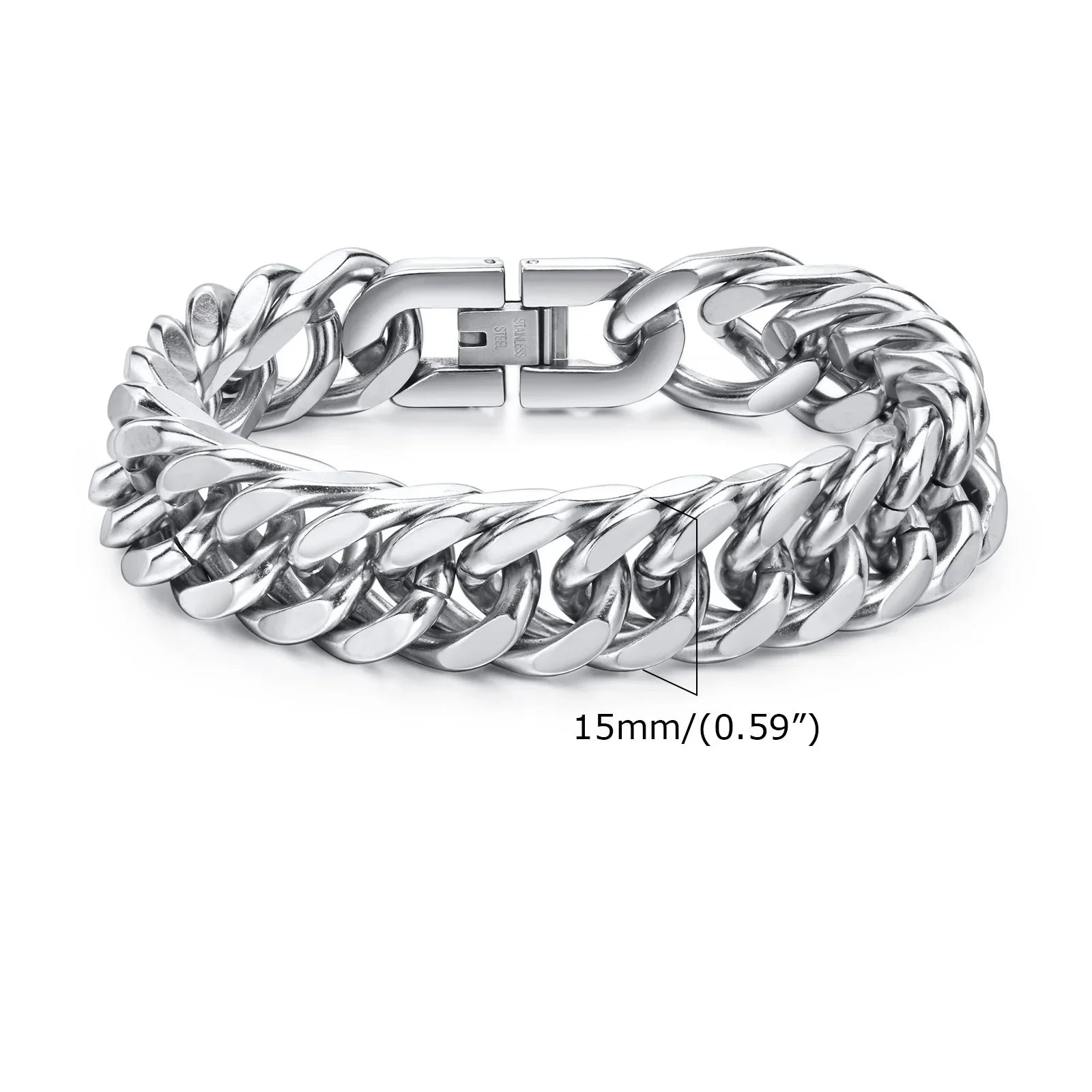Stylish Double Curb Chain Bracelets for  Boys,8/10/12/15mm Stainless Steel Miami Link Wristband,Punk Jewelry Gifts
