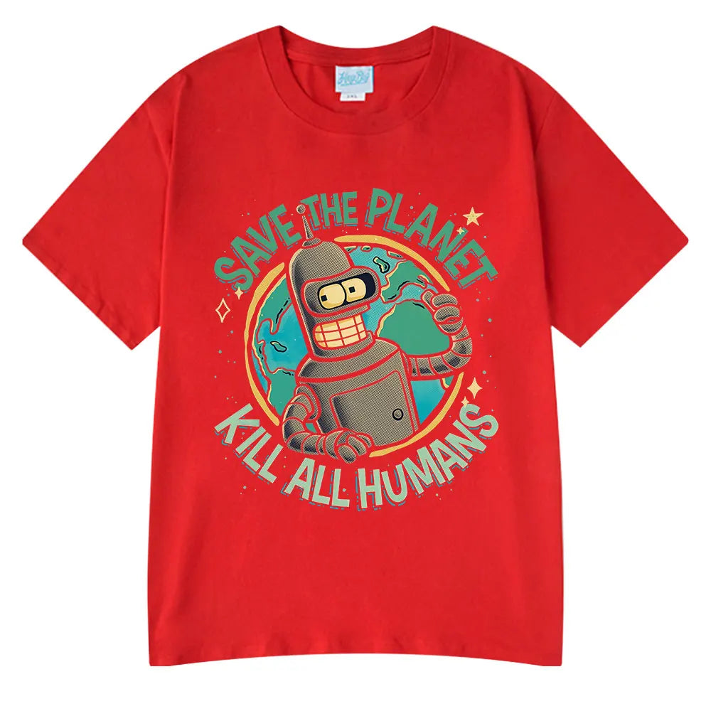 Funny Save The Planet Kill All Humans Robot Graphic Print T Shirt Men's Women Fashion Short Sleeve T-shirt Oversized Cotton Tees
