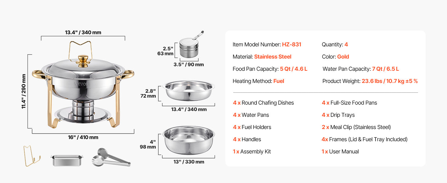 SucceBuy 4 Pack Chafing Dish Buffet Set Stainless Steel Chafer w/4 Full Size Pan Round Catering Warmer Server for Party Banquets